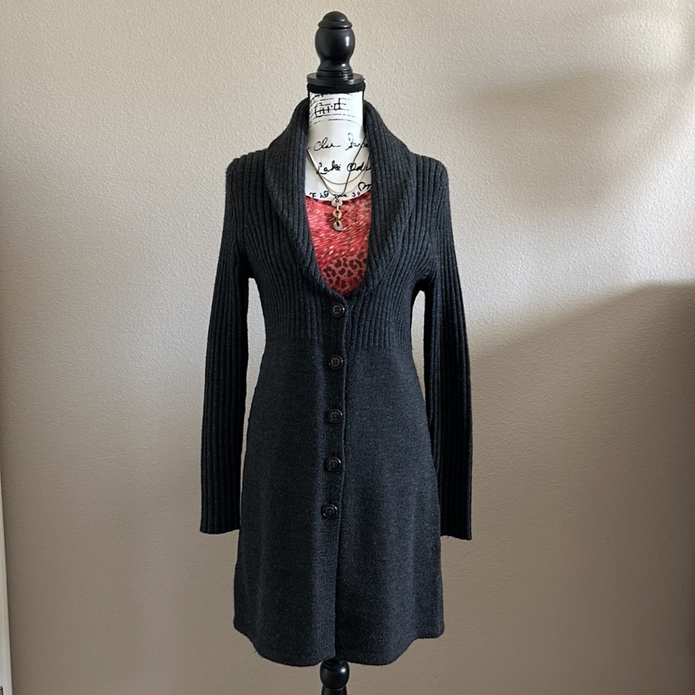 LOFT Anne Taylor | Charcoal Collared Long Button-down Sweater Coat